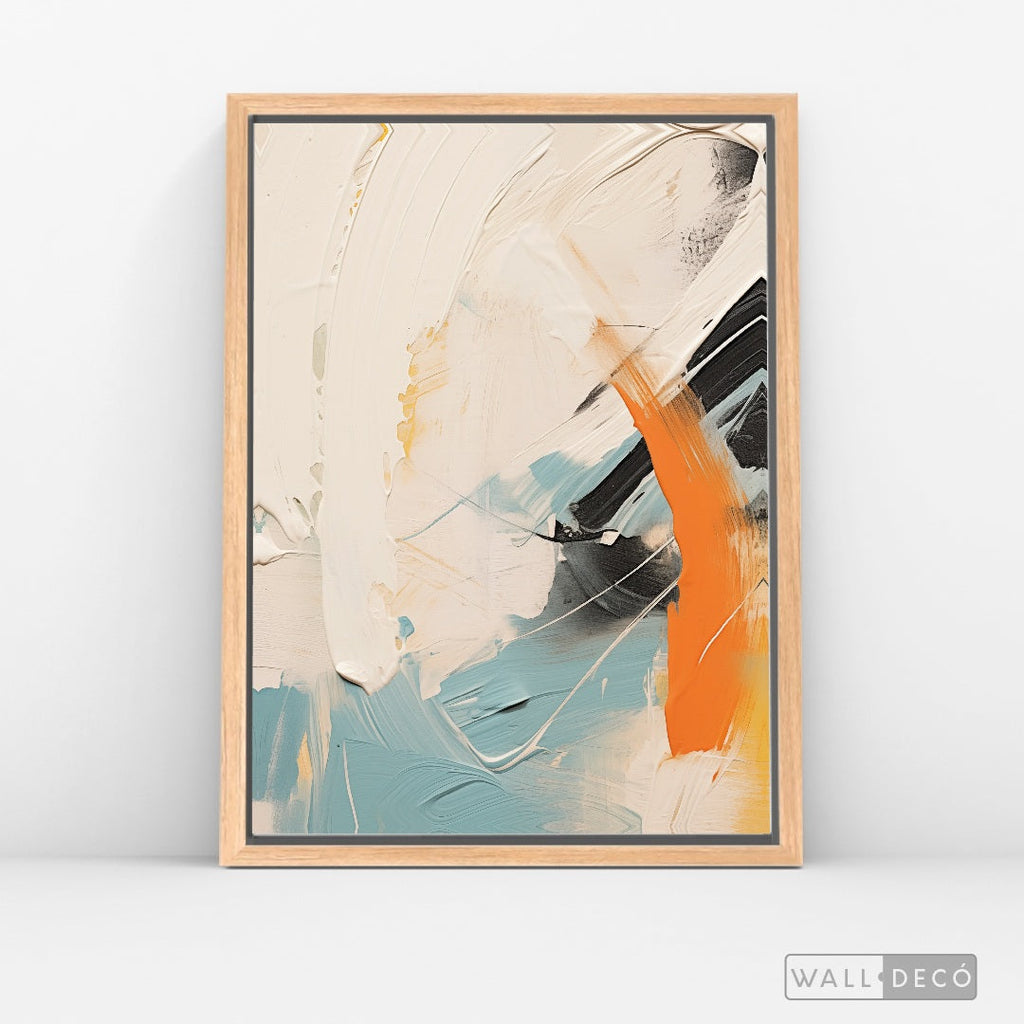 Cuadro Abstracto Minimalista Chispa Naranja Vertical con marco madera natural - vista lateral