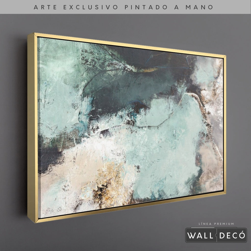 Arte Pintado a Mano Luz Verde Horizontal - marco dorado