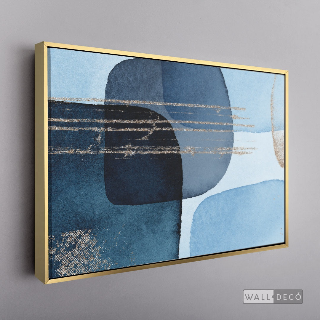 Cuadro Fragmentos Abstractos Azul - marco dorado