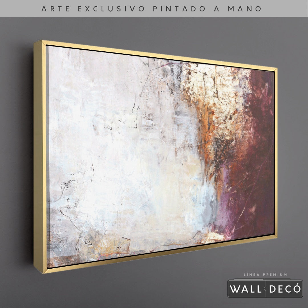 Arte Pintado a Mano Entre Luz y Rosa Horizontal - marco dorado