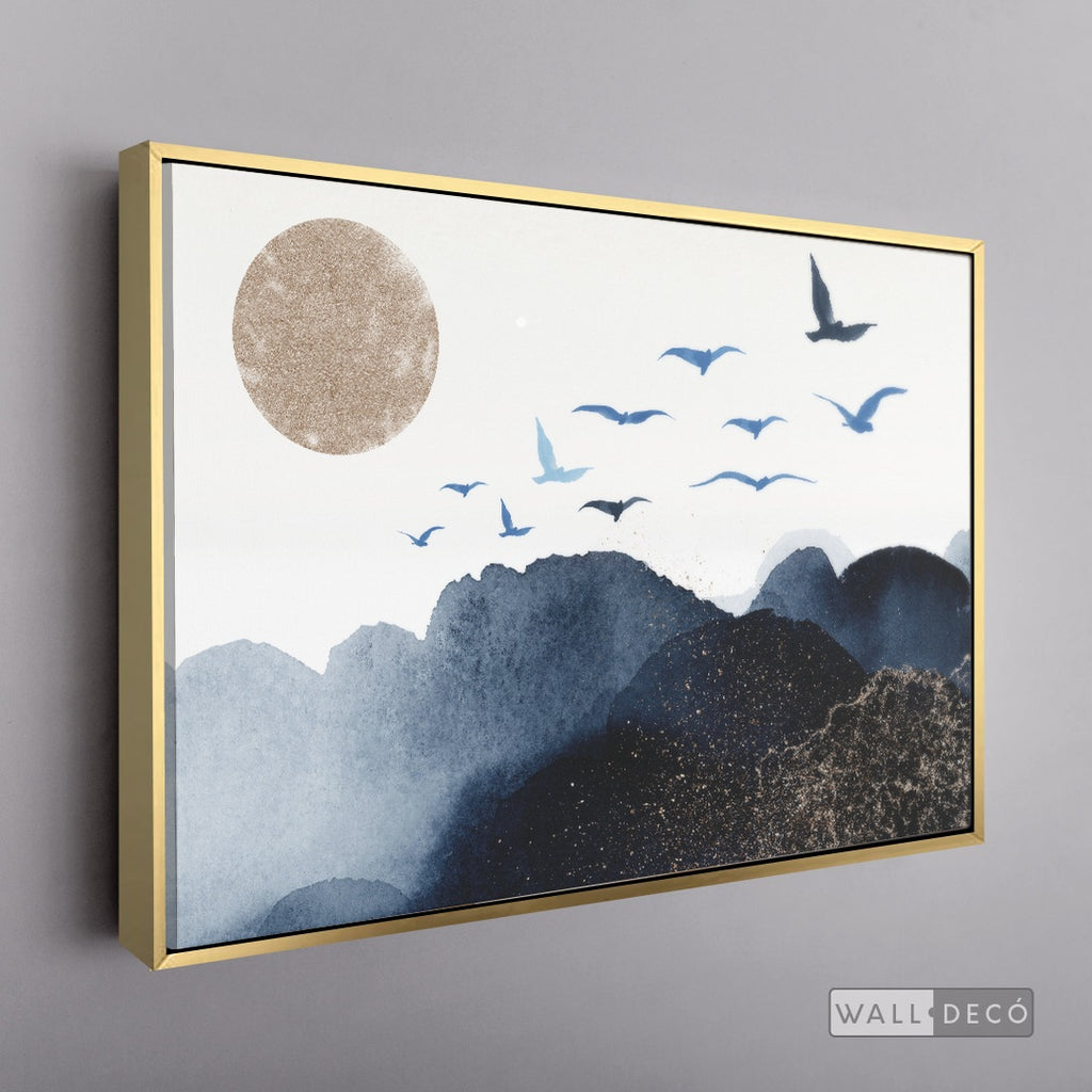 Cuadro Fragmentos Aves y Luna - marco dorado