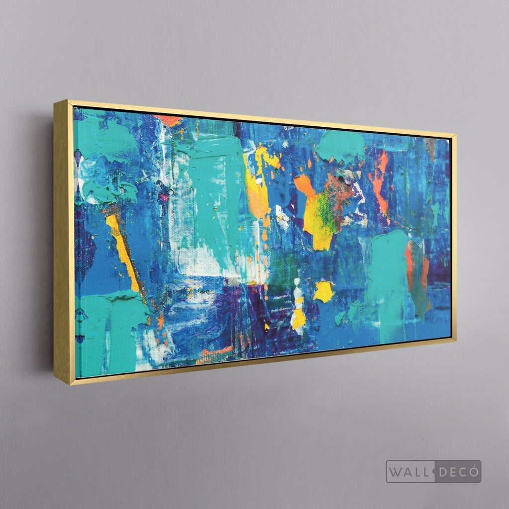 Cuadro Abstracto Amarillo Azul - marco dorado 145x55