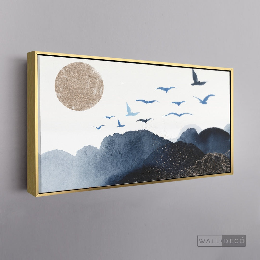 Cuadro Fragmentos Aves y Luna - marco dorado 145x55