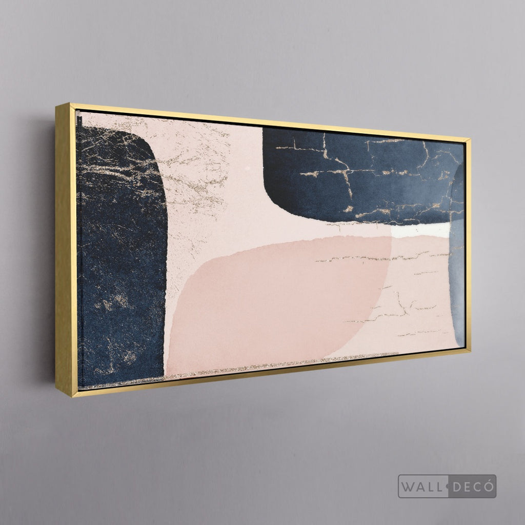 Cuadro Fragmentos Abstractos Rosa Y Azul - marco dorado 145x55