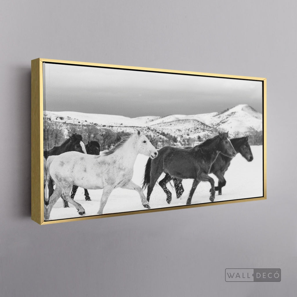 Cuadro Animales Caballos Boho Horizontal - marco dorado 145x55
