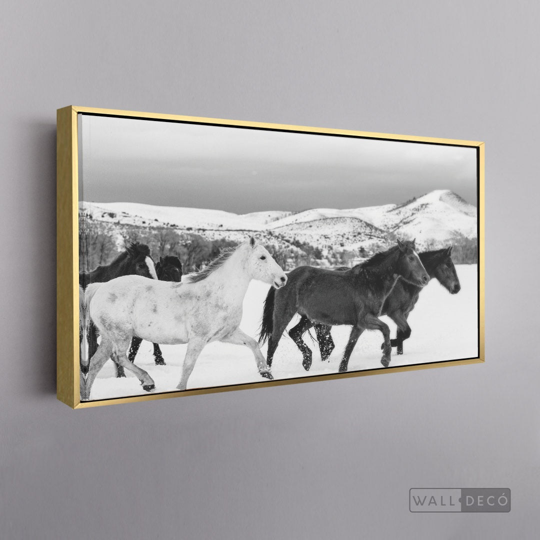 Cuadro Animales Caballos Boho Horizontal - marco dorado 145x55