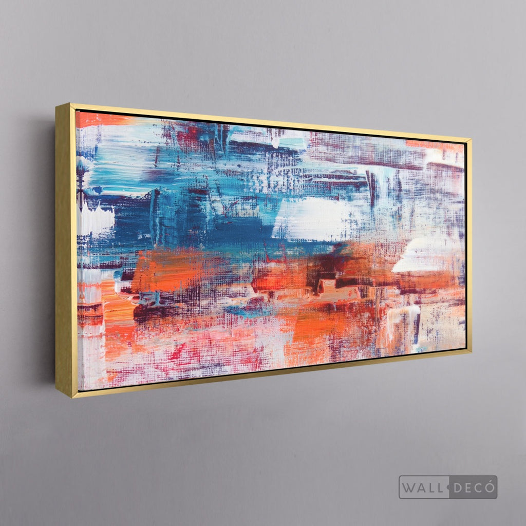 Cuadro Abstracto Naranja, Blanco y Azul - marco dorado 145x55