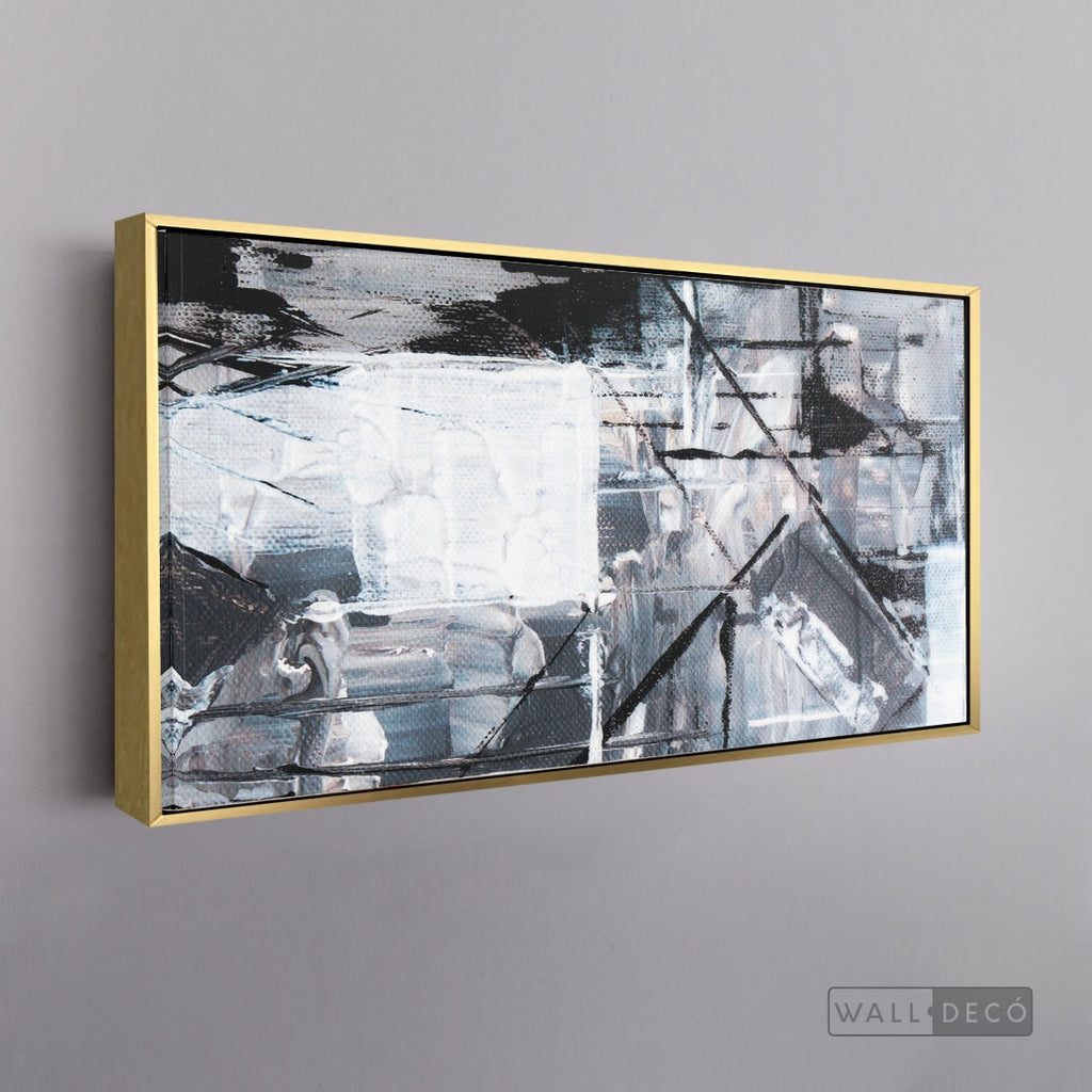 Cuadro Abstracto Blanco y Negro - marco dorado 145x55