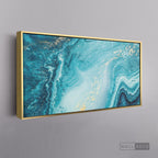 Cuadro Fluido Abstracto Turquesa - marco dorado 145x55