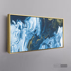 Cuadro Fluido Abstracto Azul - marco dorado 145x55