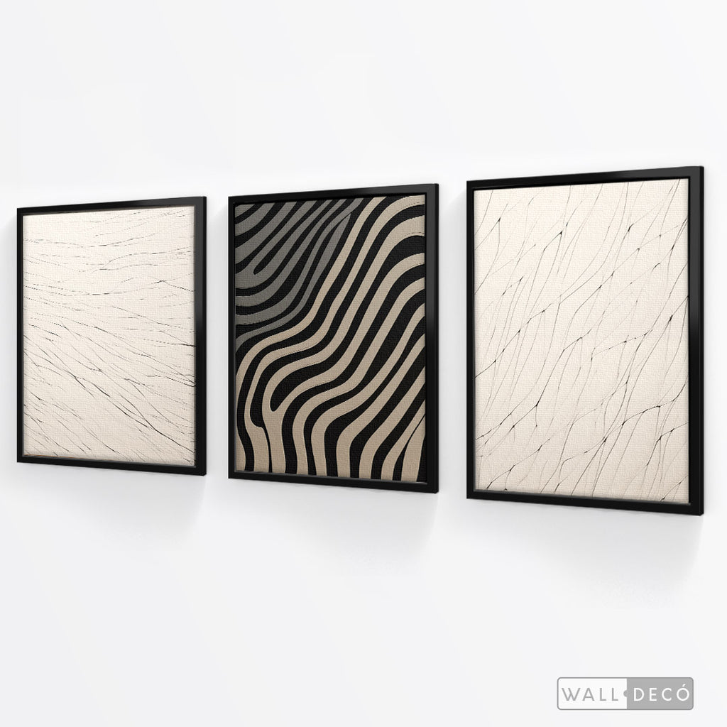 Tríptico Abstracto Minimalista Trazos y Luz – marco negro mate