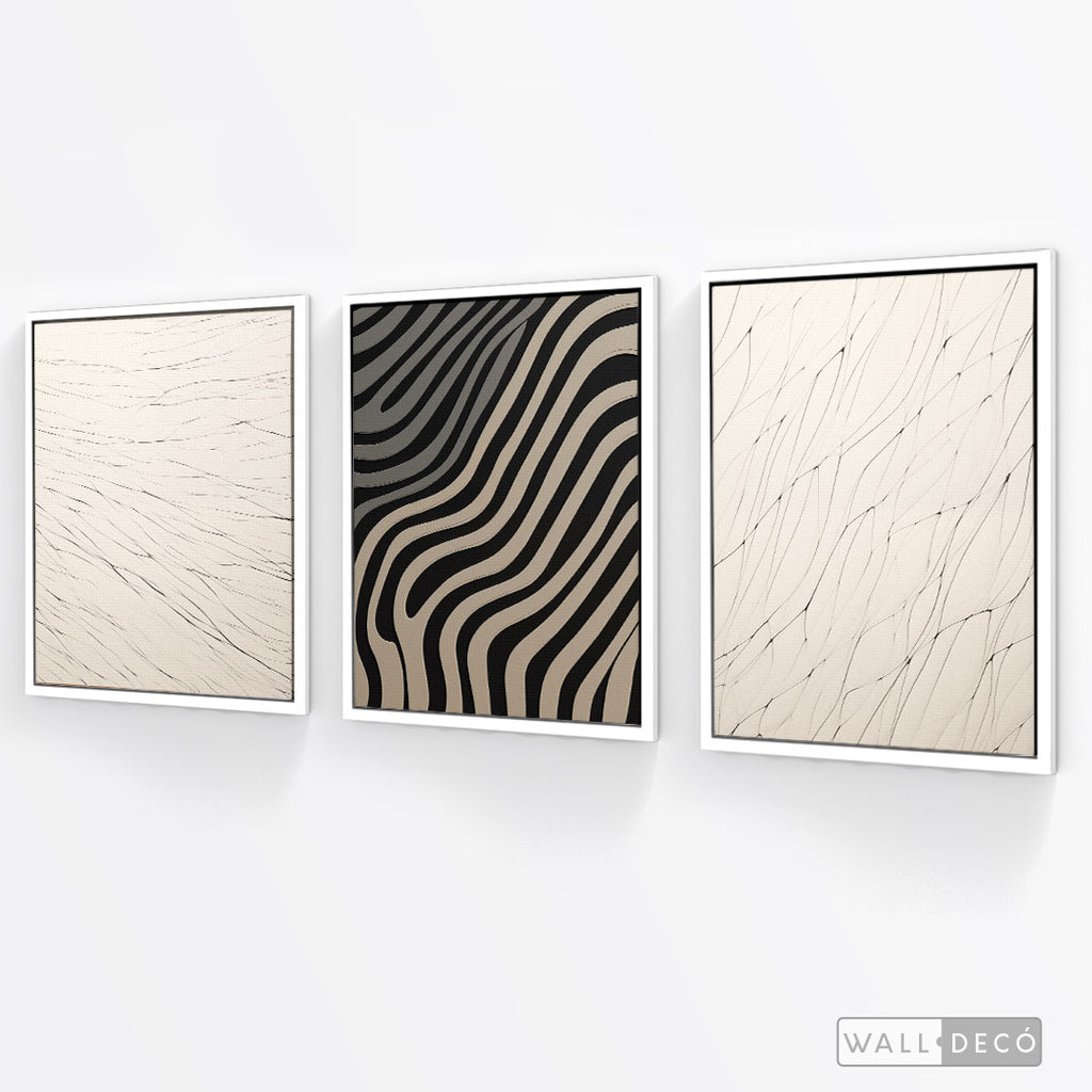 Tríptico Abstracto Minimalista Trazos y Luz – marco blanco mate