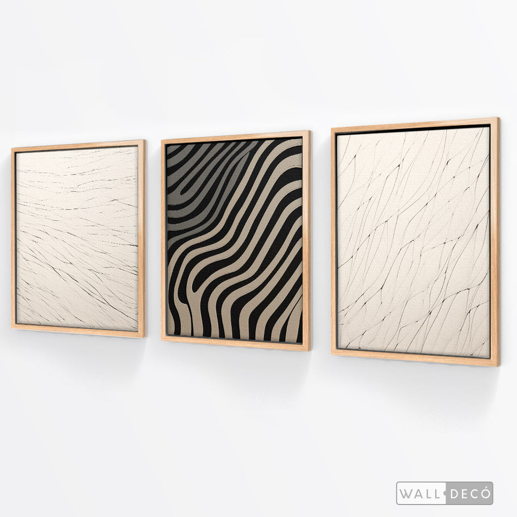 Tríptico Abstracto Minimalista Trazos y Luz – marco madera natural