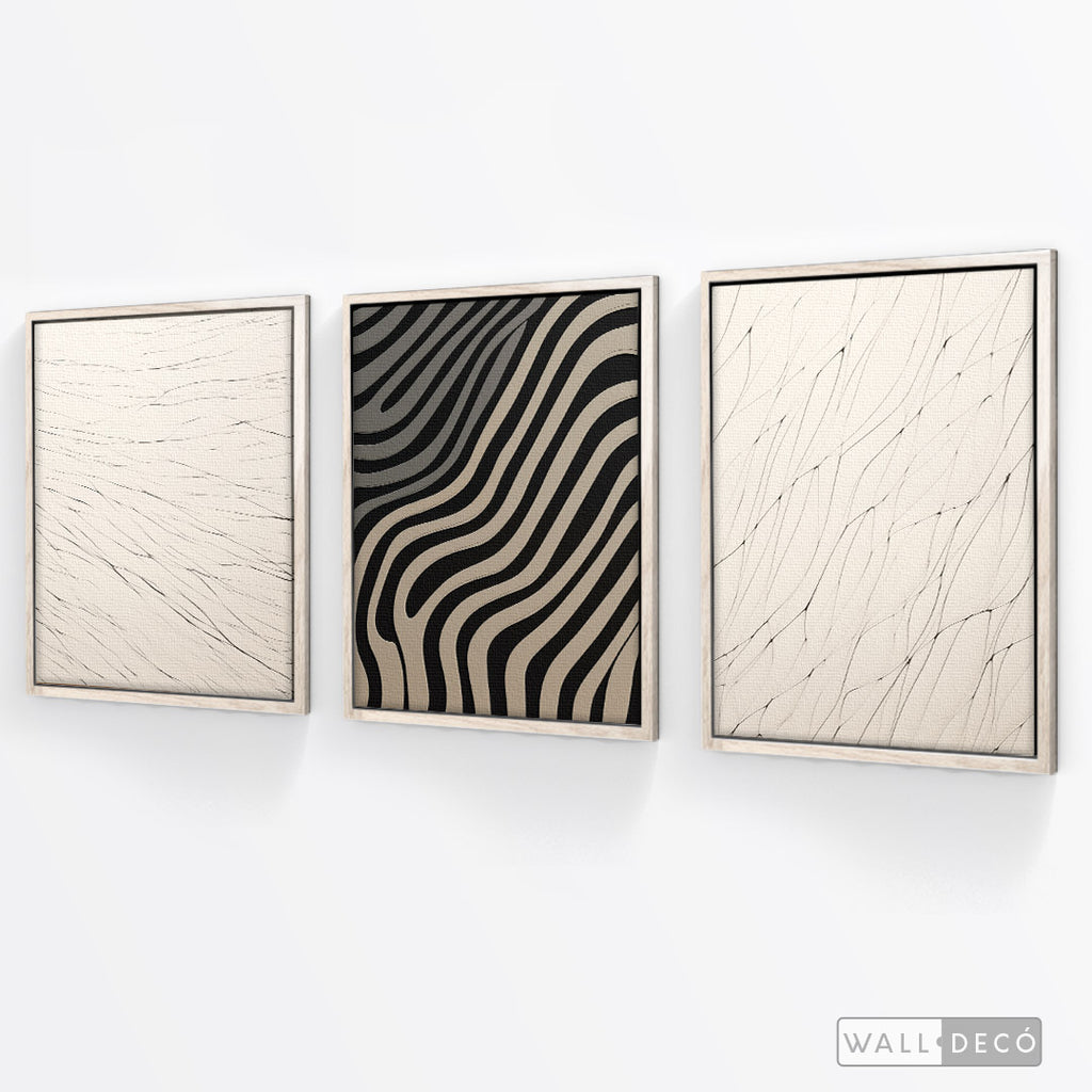 Tríptico Abstracto Minimalista Trazos y Luz – marco madera vintage