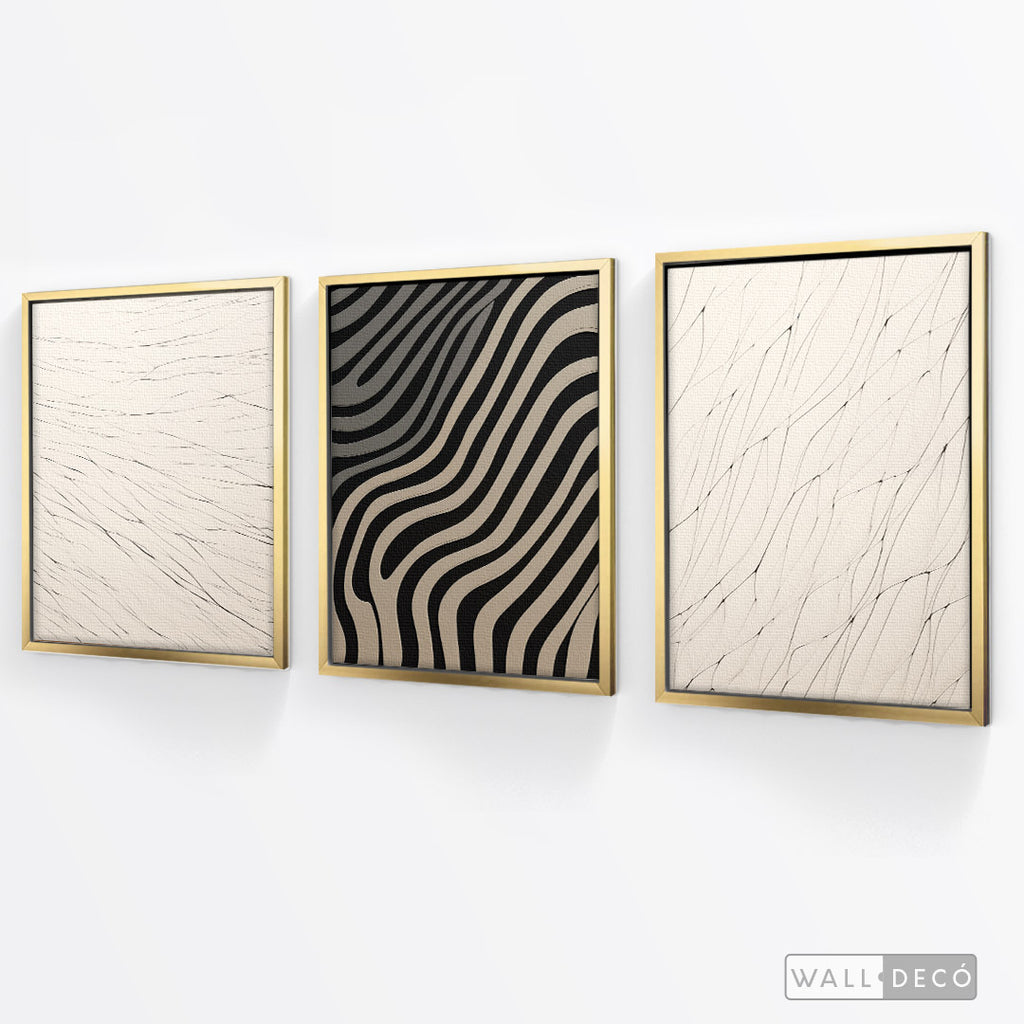 Tríptico Abstracto Minimalista Trazos y Luz – marco dorado