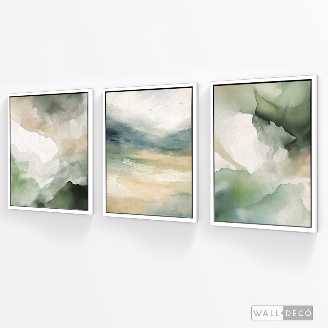 Tríptico Abstracto Minimalista Bosque en Bruma – marco blanco mate