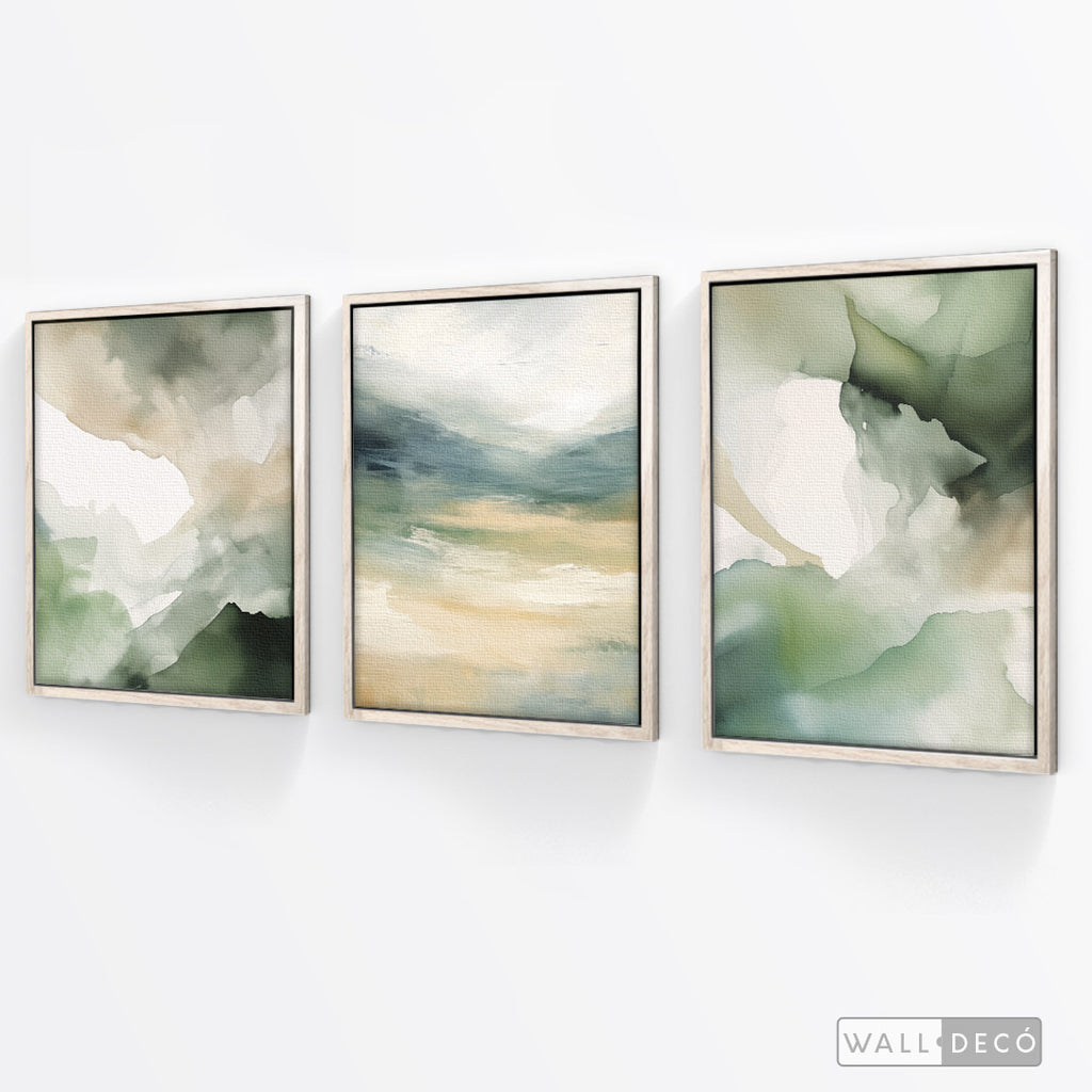 Tríptico Abstracto Minimalista Bosque en Bruma – marco madera vintage
