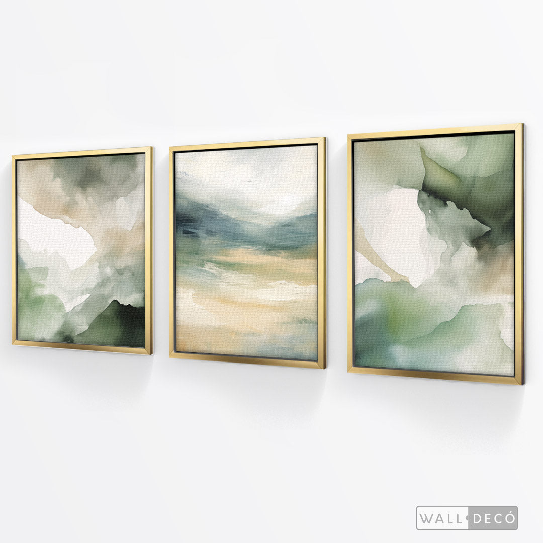 Tríptico Abstracto Minimalista Bosque en Bruma – marco dorado