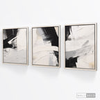 Tríptico Abstracto Minimalista Contraste Grafito – marco madera vintage