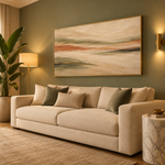 Cargar imagen en el visor de la galería, Cuadro Horizonte Dorado en sala amplia con marco dorado y pared verde salvia
