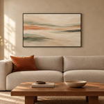 Cargar imagen en el visor de la galería, Cuadro abstracto minimalista Horizonte Dorado en sala contemporánea con marco negro mate
